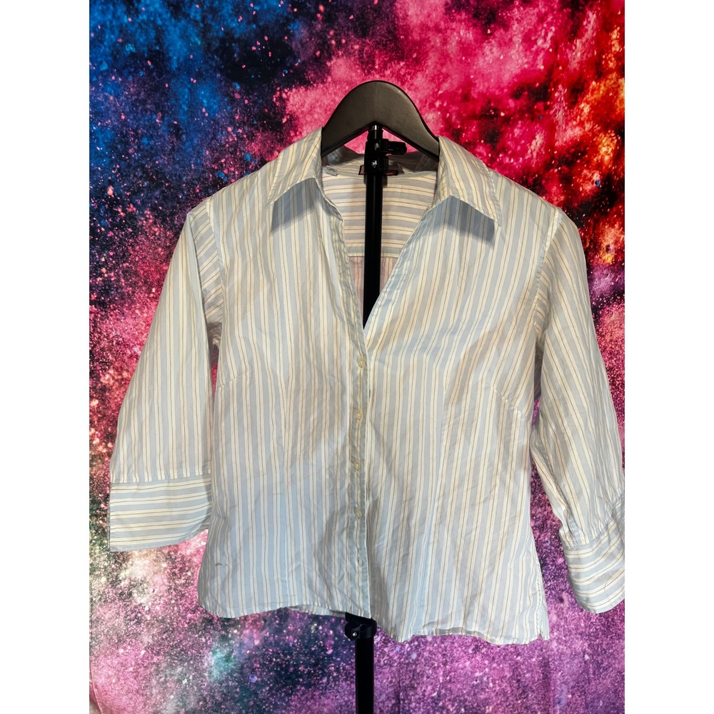 Thomas Pink London Womens Blue White Striped 3/4 Sleeve Button Down Shirt Sz 12 - Picture 1 of 5